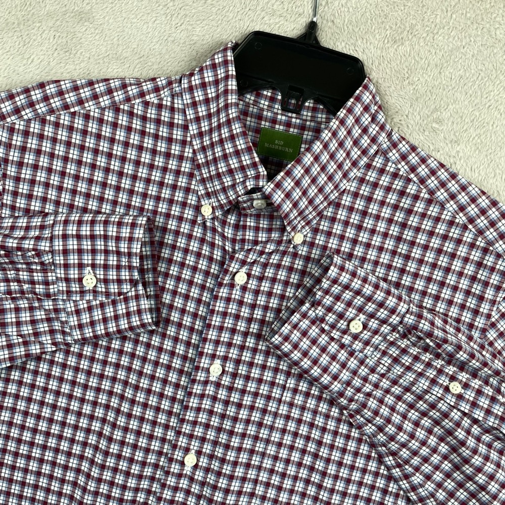 Sid Mashburn Shirt Mens Medium Red Blue White Plaid Long Sleeve Button Down